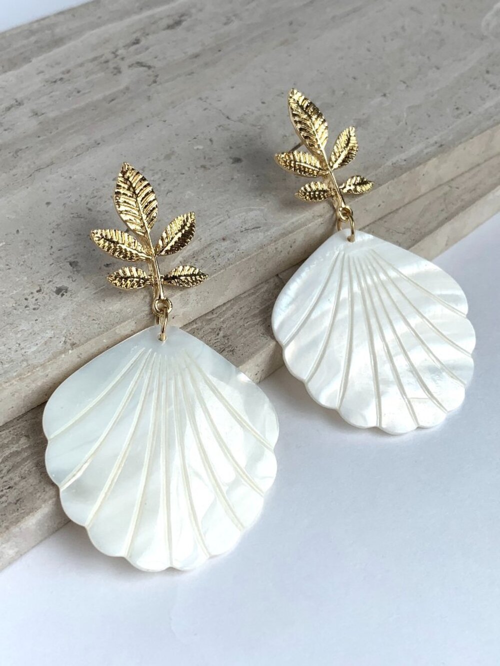 NEW Anthropologie Gold Leaf Natural Shell Dangle Earrings